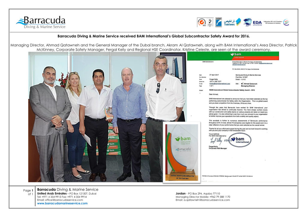 BAM International presented Barracuda Diving & Marine Service with the Global Subcontractor Safety Award for 2016